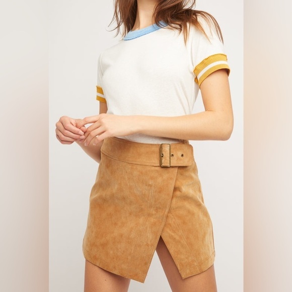 Free People Ari Wrap Leather Suede Mini Slit Buckle Skirt Camel Tan - Picture 1 of 8